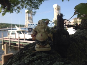 Leading free yoga practices every Saturday at my local marina  allows me to imagine a merry cast of characters for my novel in progress because usually it's just Siddhartha (aka Buddha), me and the apple tree meditating for humankind. 